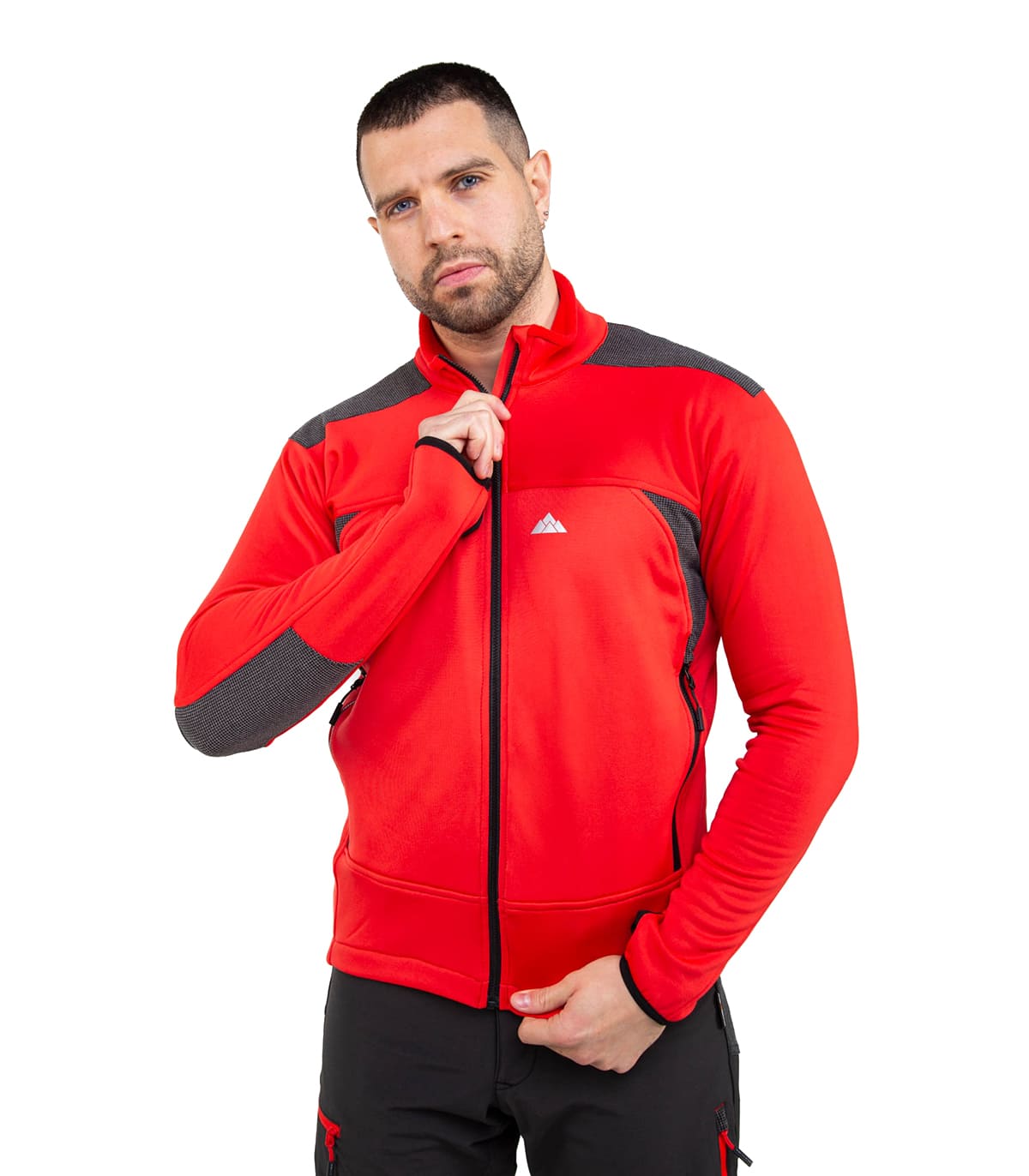 forro-polar-banff-hombre-rojo-negro-vista-frontal-sujetando-cuello Forro Polar de Montaña y Escalada Elástico Transpirable Banff Hombre - Imagen 1