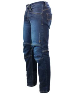 vista laterial de jeans de escalada mohawk para hombre en azul