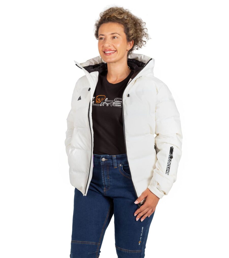 Chaqueta Térmica de Plumas Wendigo Mujer Blanco, Vista Frontal Abierta