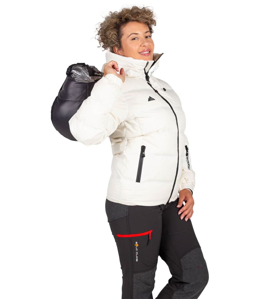 Chaqueta Térmica de Plumas Wendigo Mujer Blanco, Vista Frontal con Bolsa de Compresión