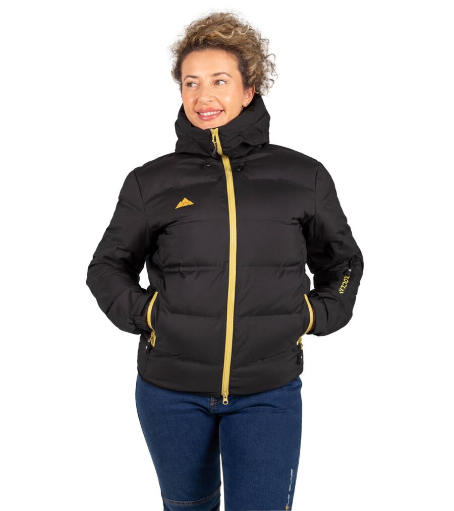 Chaqueta Térmica de Plumas Wendigo Mujer Negro y Amarillo, Vista Frontal