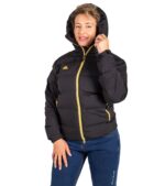 Chaqueta Térmica de Plumas Wendigo Mujer Negro y Amarillo, Vista Frontal con Capucha
