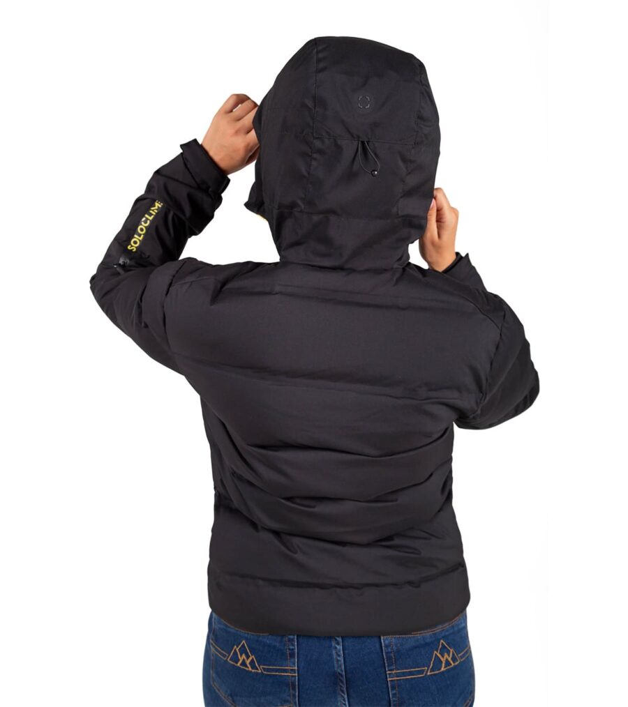 Chaqueta Térmica de Plumas Wendigo Mujer Negro y Amarillo, Vista Trasera con Capucha