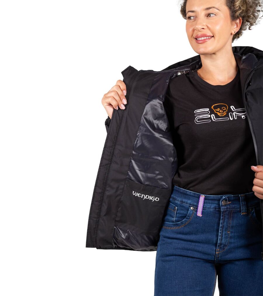 Chaqueta Térmica de Plumas Wendigo Mujer Negro, detalle Interior del Bolsillo