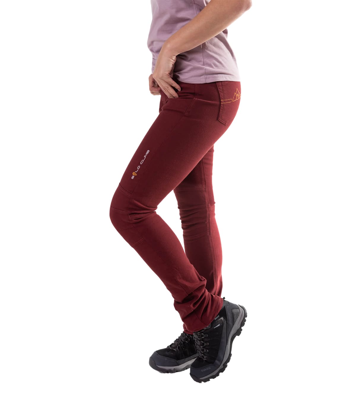 jeans-escalada-pinto-mujer-granate-vista-lateral-dinamica Jeans de Escalada Ligeros y Elásticos Pinto Mujer - Imagen 1