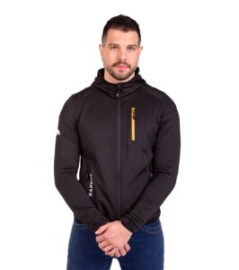 chaqueta de forro polar raptor black hombre vista frontal capucha abajo cremallera amarilla